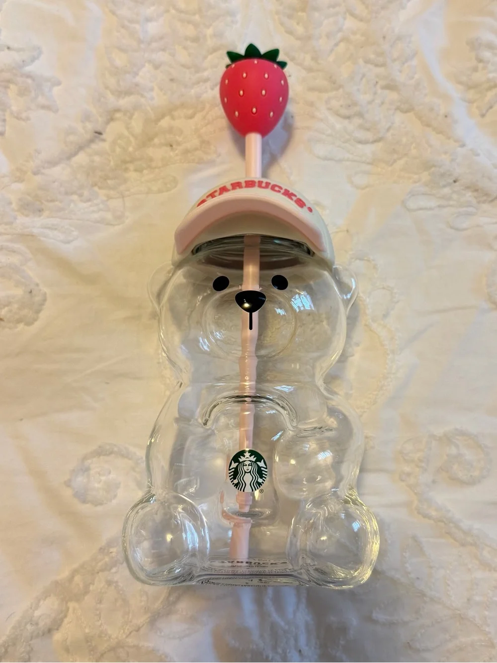 Starbucks Bearista Pink Glass Tumbler Limited Edition Cold Cup Strawberry Topper